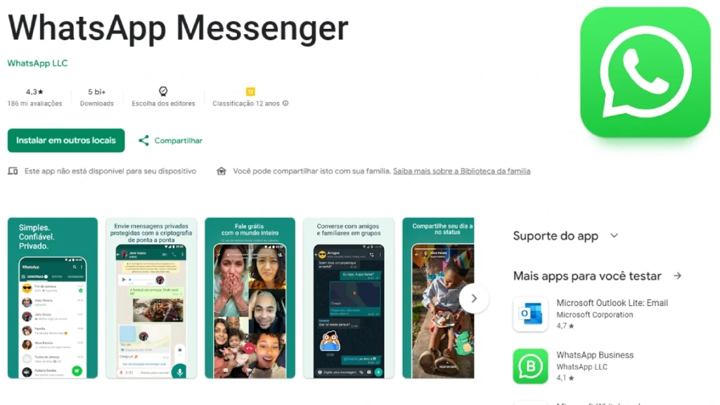 página da play store do aplicativo whatsapp