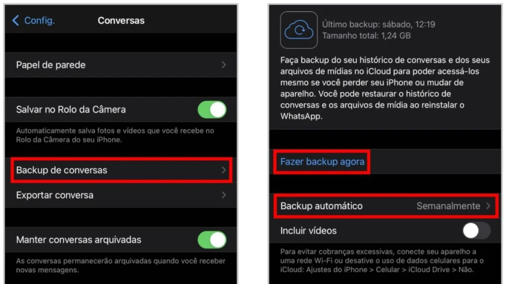 Tela de backup do whatsapp no iphone