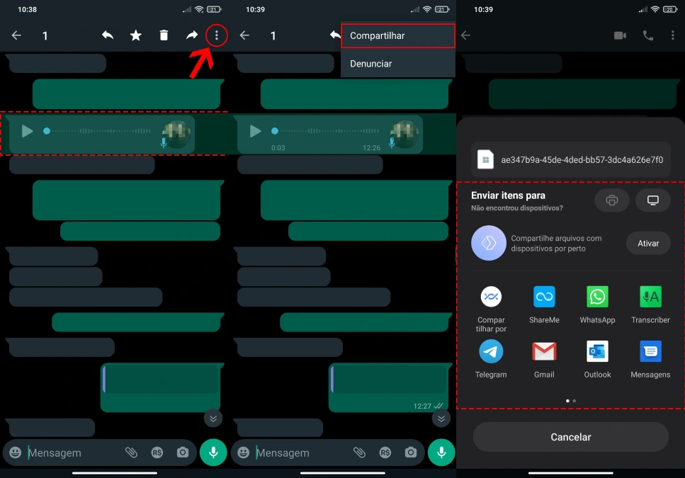 Imagem do aplicativo WhatsApp aberto no Android com o processo para baixar áudios