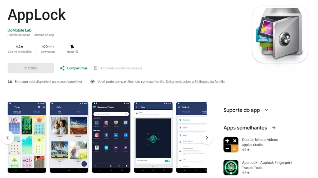 Página do aplicativo AppLock na Google Play Store.