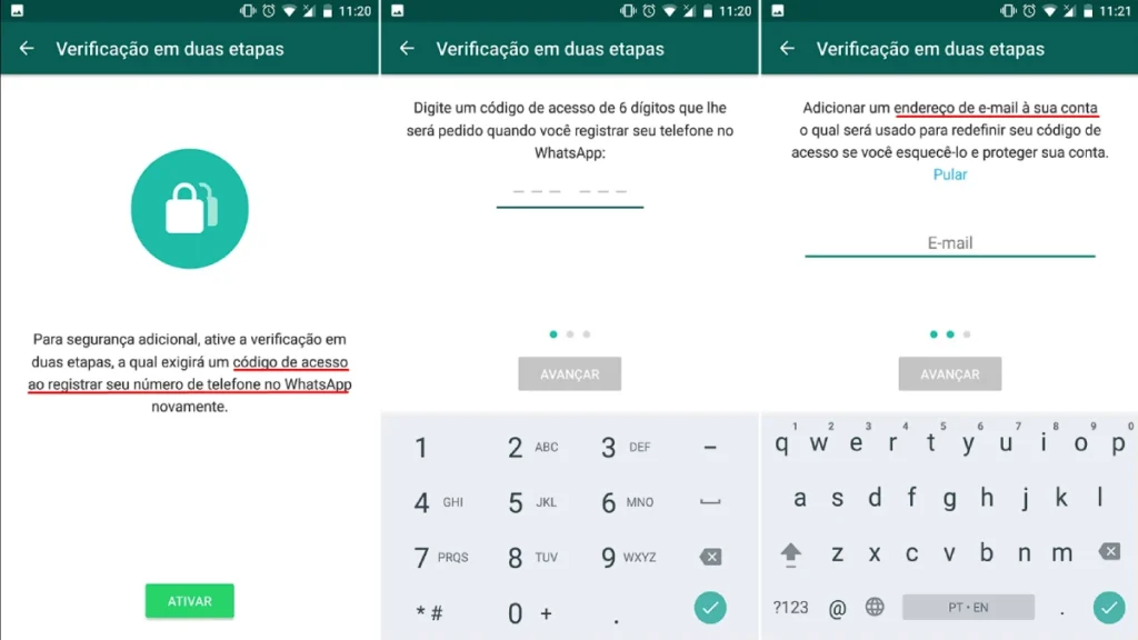 Tela de configurações de duas etapas do WhatsApp.