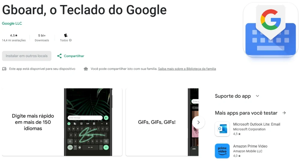 página de download do aplicativo gboard