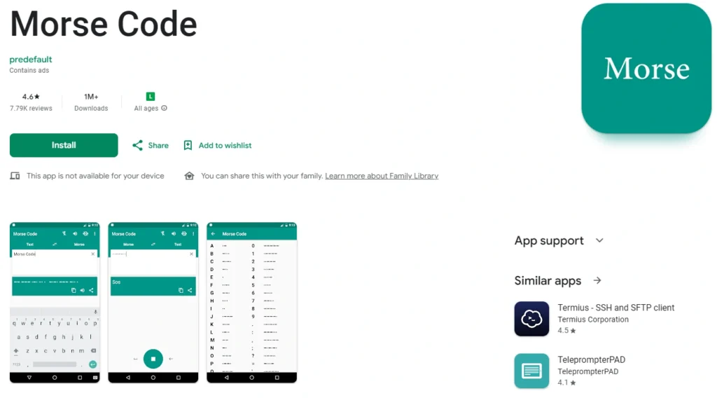 página de download do aplicativo morse code